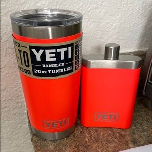 YETI Orange SOLAR FLARE 7oz flask & 20oz rambler Tumbler Set- limited edition